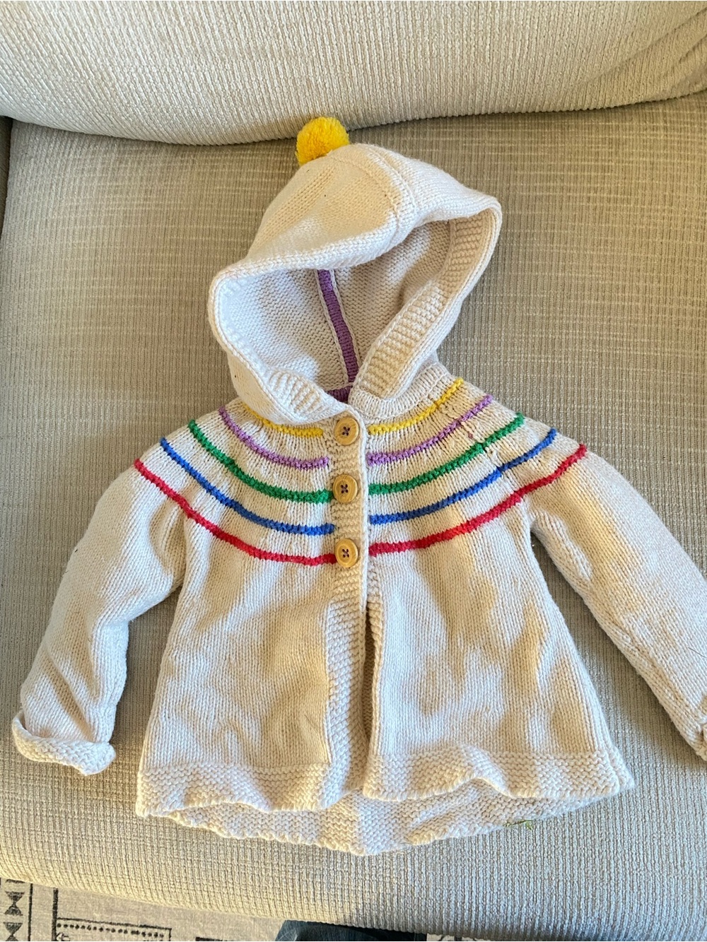Baby Boden Cream Hooded Knit Cardigan with Purple Trim and Rainbow Accents